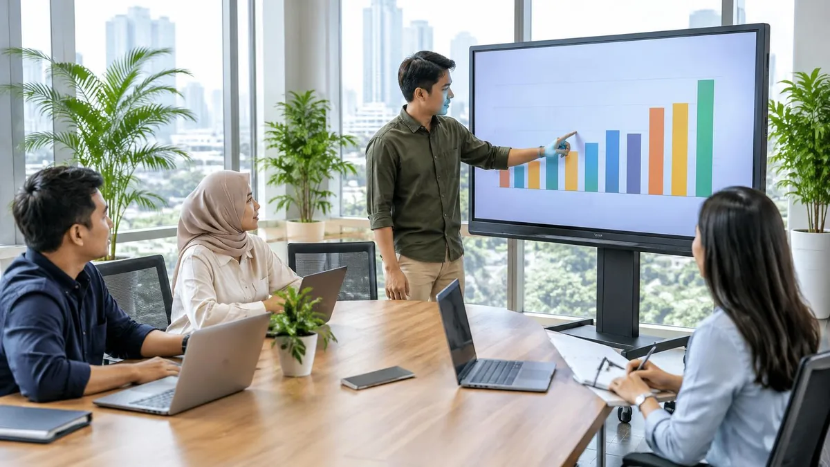 Karyawan kantor menggunakan TV interaktif untuk presentasi tanpa kabel dan rapat kolaboratif di ruang pertemuan modern.