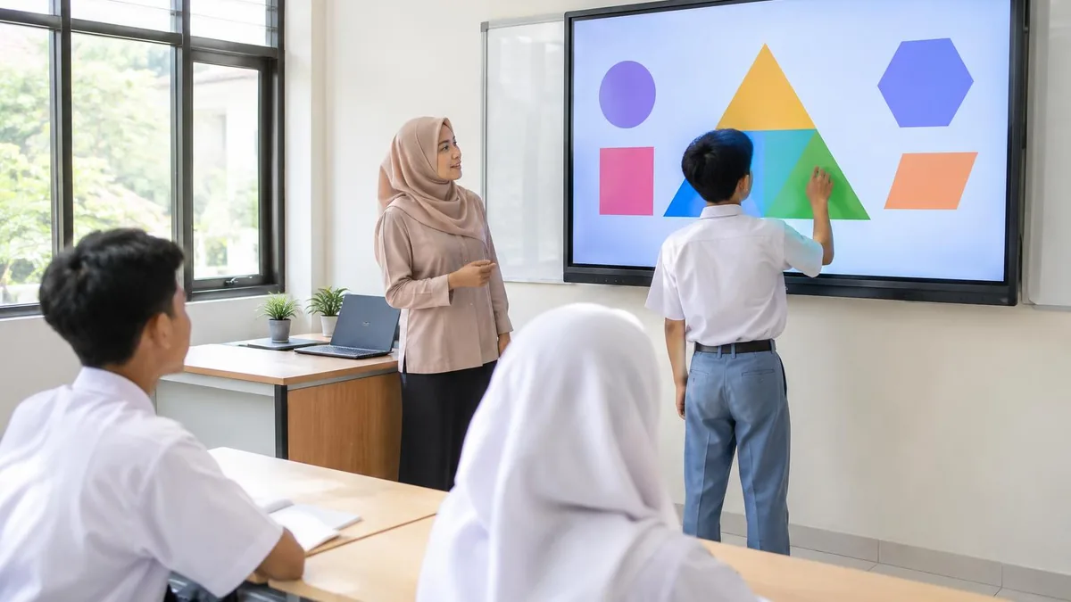 Guru dan siswa menggunakan TV interaktif ukuran besar untuk pembelajaran digital di ruang kelas sekolah.