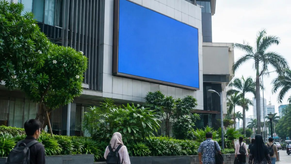 Videotron LED outdoor generik terpasang pada fasad bangunan komersial di lingkungan perkotaan Indonesia