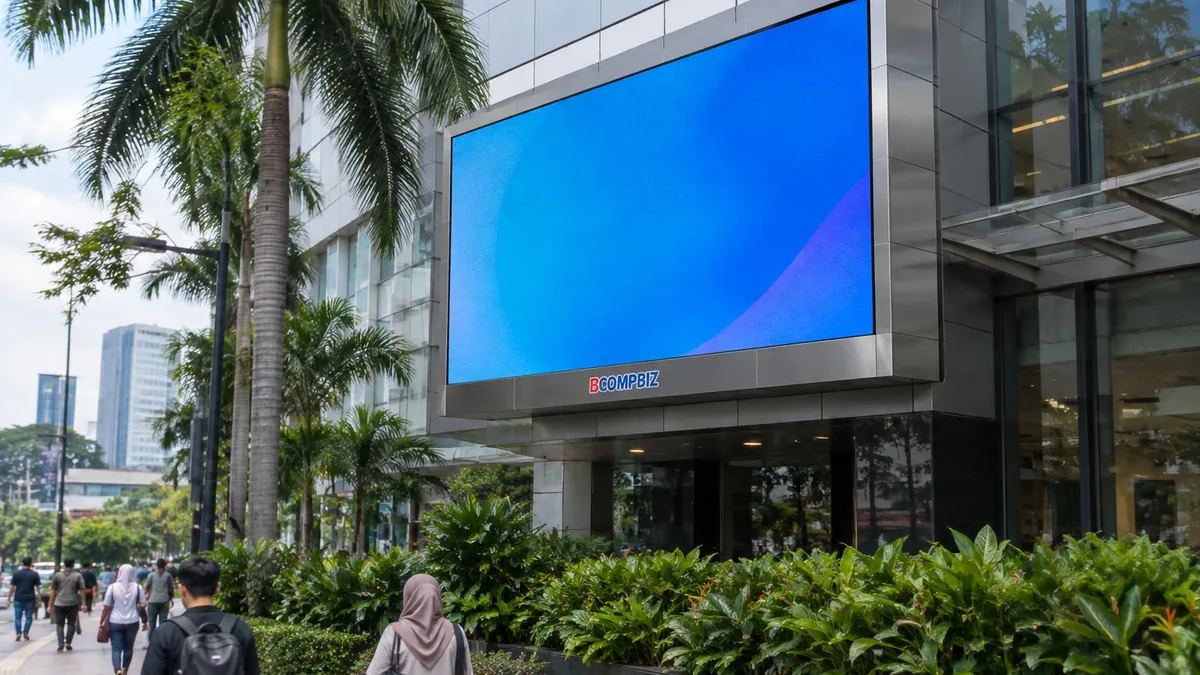 Videotron LED outdoor generik terpasang pada fasad bangunan komersial di lingkungan perkotaan Indonesia