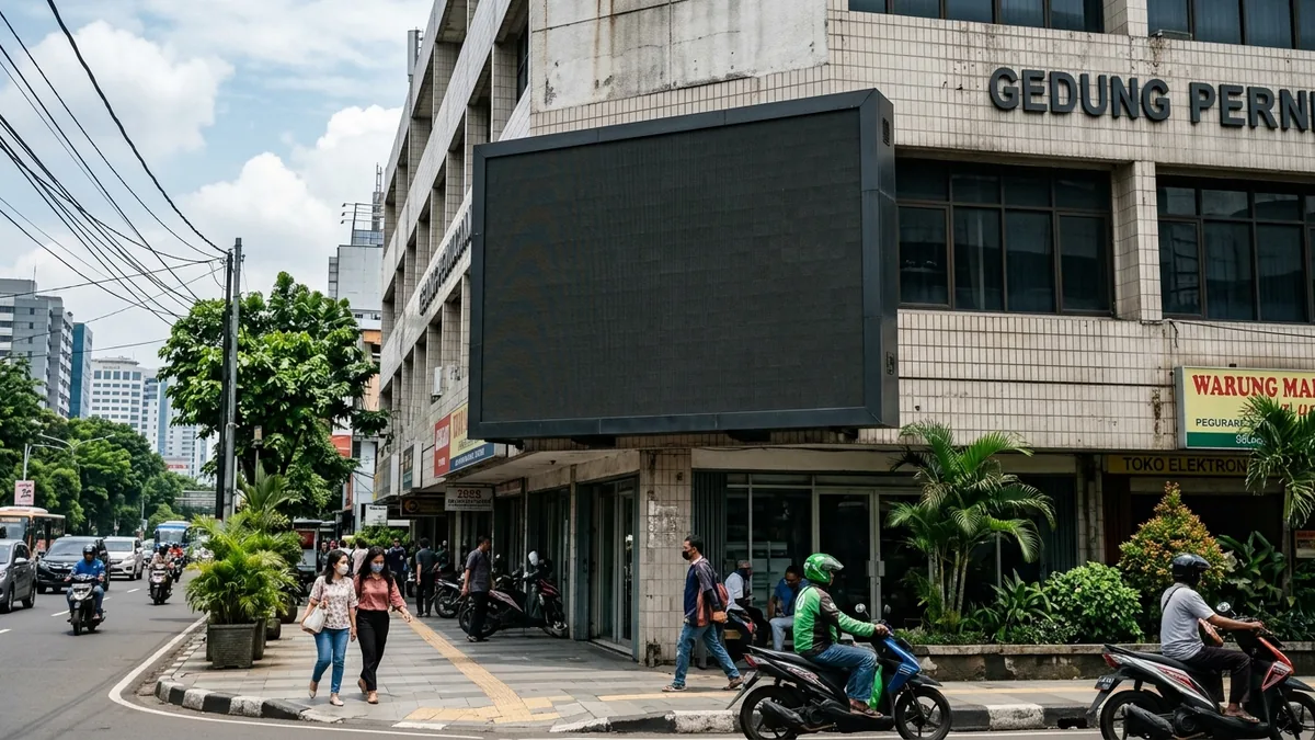 Videotron LED outdoor generik terpasang pada fasad bangunan komersial di lingkungan perkotaan Indonesia