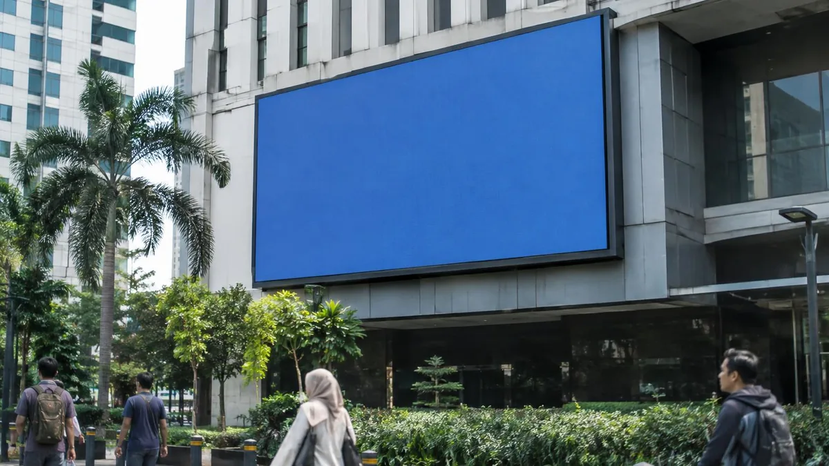 Videotron LED outdoor generik terpasang pada fasad bangunan komersial di lingkungan perkotaan Indonesia