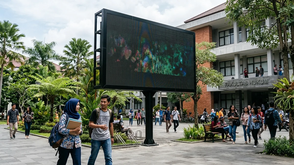 Videotron LED modern terpasang di area kampus Indonesia, menampilkan layar tanpa merek atau teks.