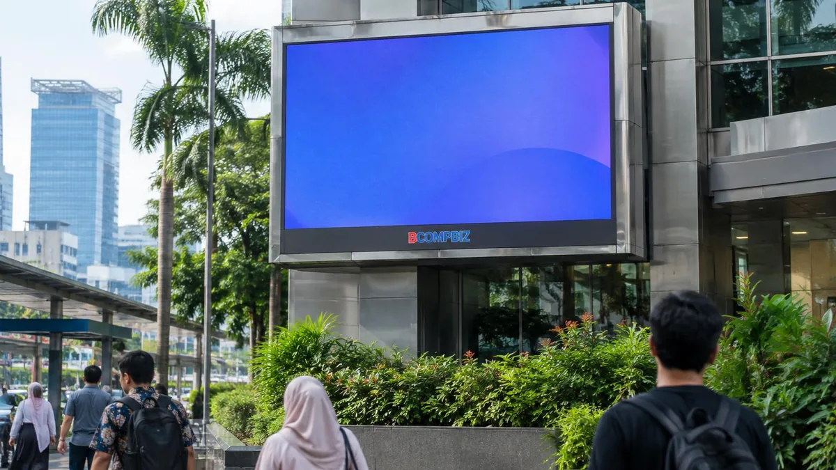 Videotron LED outdoor generik terpasang pada fasad bangunan komersial di lingkungan perkotaan Indonesia