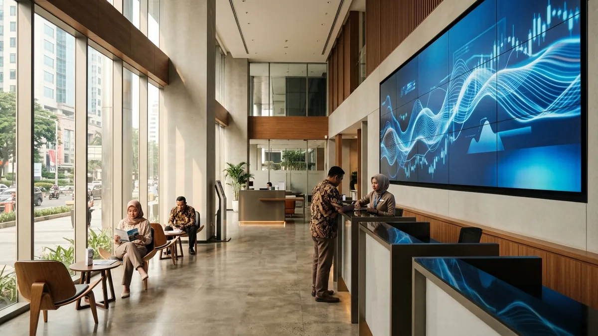 Videowall modular di lobi bank modern menampilkan grafik informasi bagi nasabah