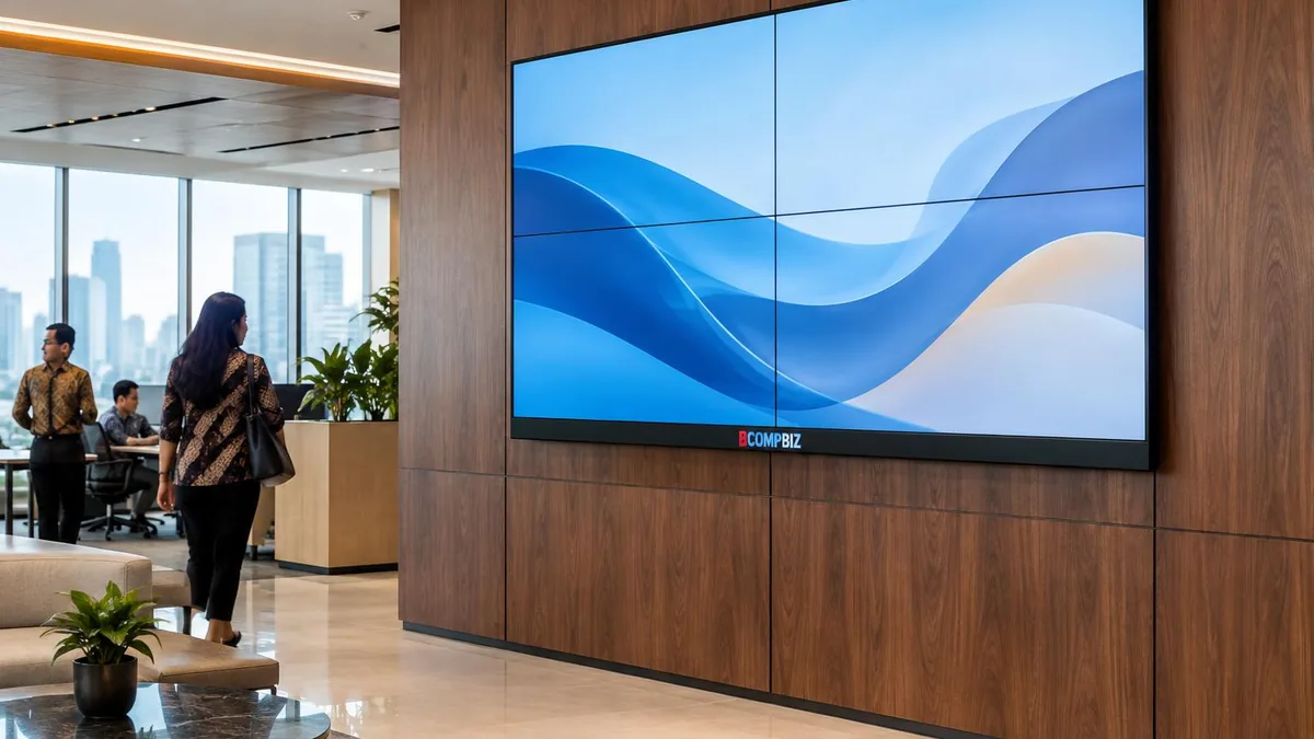 Videowall generik terpasang di lobi kantor modern dengan cahaya alami