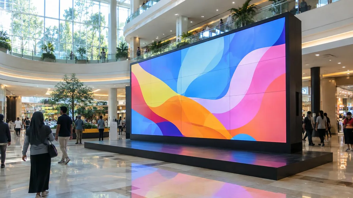 Videowall modern menampilkan visual abstrak di atrium sebuah mall di Indonesia