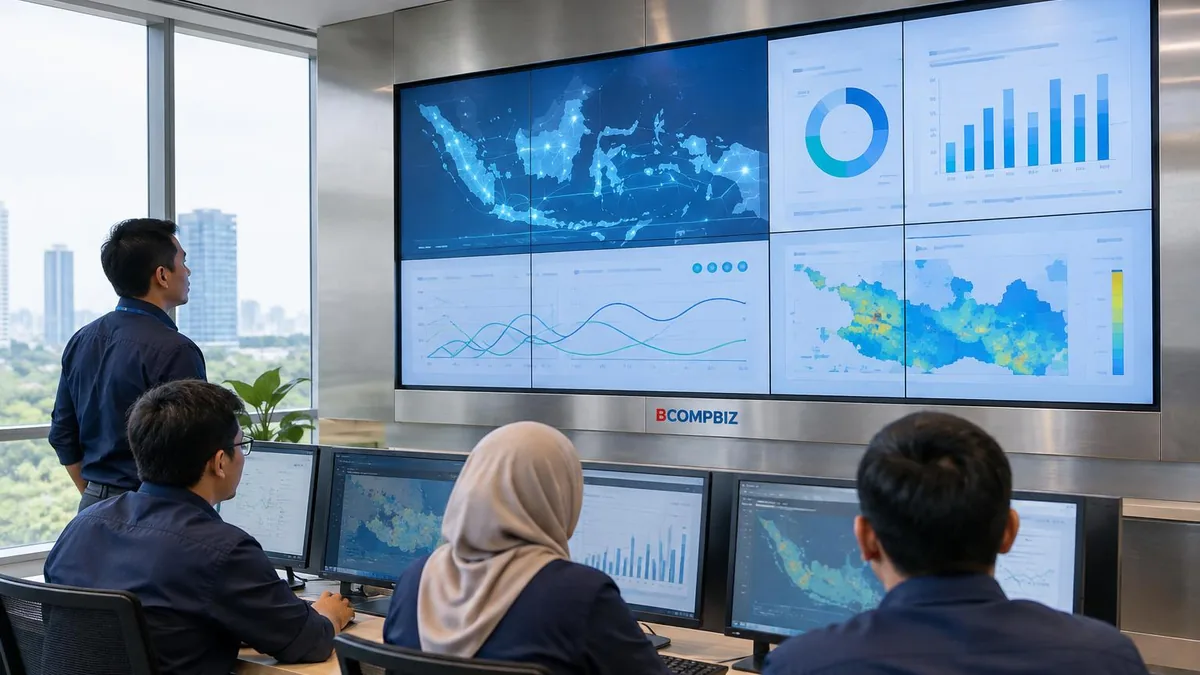 Videowall generik di ruang command center modern untuk memantau informasi operasional