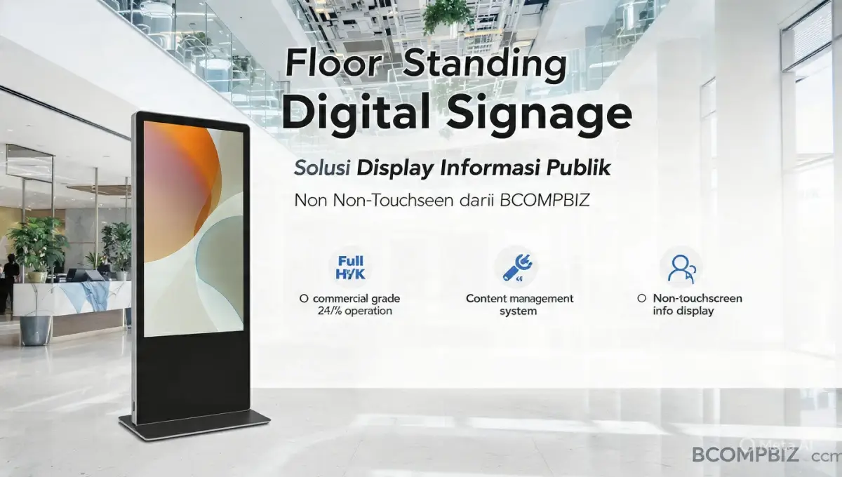 Floor standing digital signage non-touchscreen display promosi 4K dari BCOMPBIZ Digital Teknologi