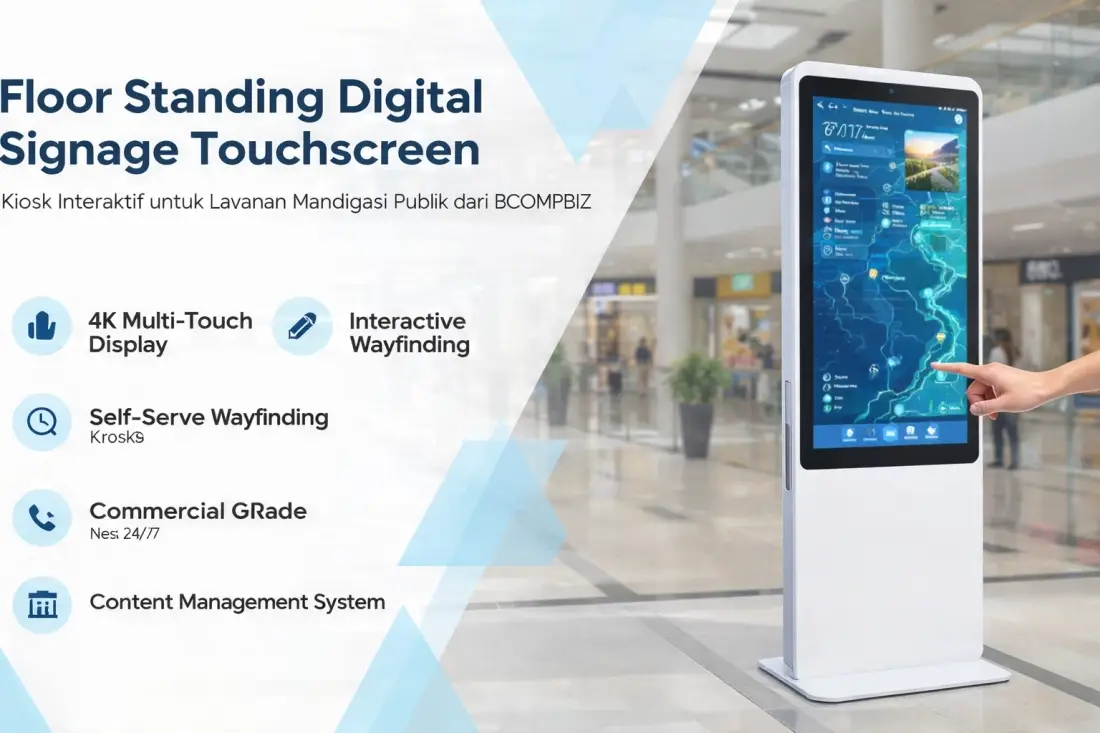 Mesin kiosk floor standing digital signage touchscreen interaktif untuk promosi dan informasi publik dari BCOMPBIZ Digital Teknologi