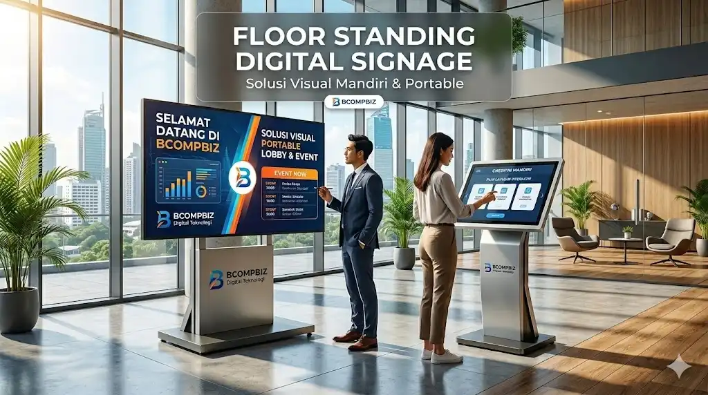Floor standing digital signage kiosk model berdiri dengan sasis baja SPCC komersial dari Bcompbiz untuk pameran dan lobi hotel