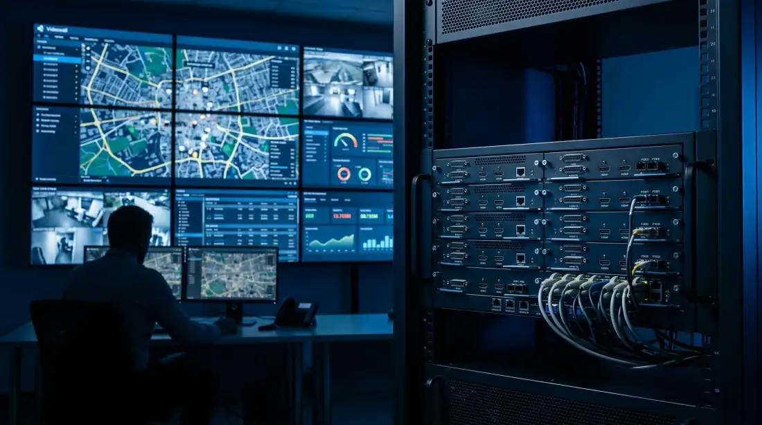 Hardware video matrix splicer berarsitektur FPGA murni dengan modul sasis hot-swap untuk pengendali videowall command center bebas lag dari Bcompbiz