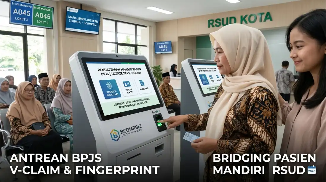 Mesin anjungan pendaftaran mandiri (APM) BPJS dengan integrasi sidik jari dan bridging V-claim untuk rumah sakit dari Bcompbiz