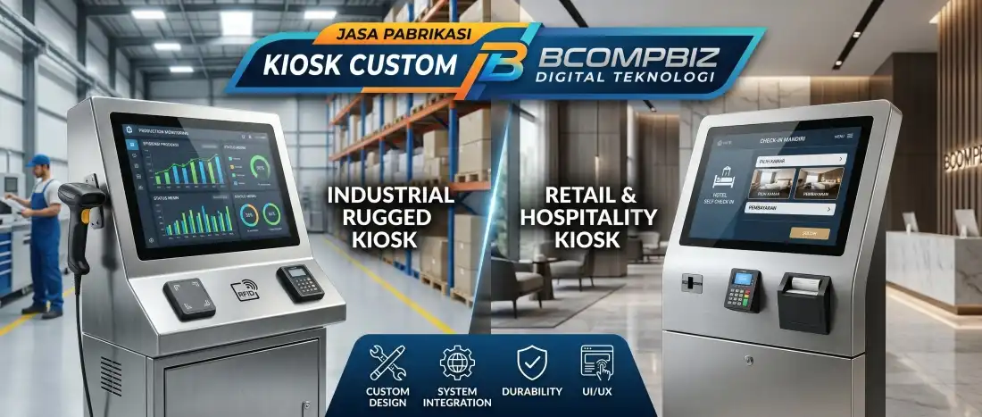 Proses desain 3D CAD dan manufaktur sasis Kiosk custom baja SPCC OEM untuk kebutuhan mesin antrian layanan mandiri oleh Bcompbiz