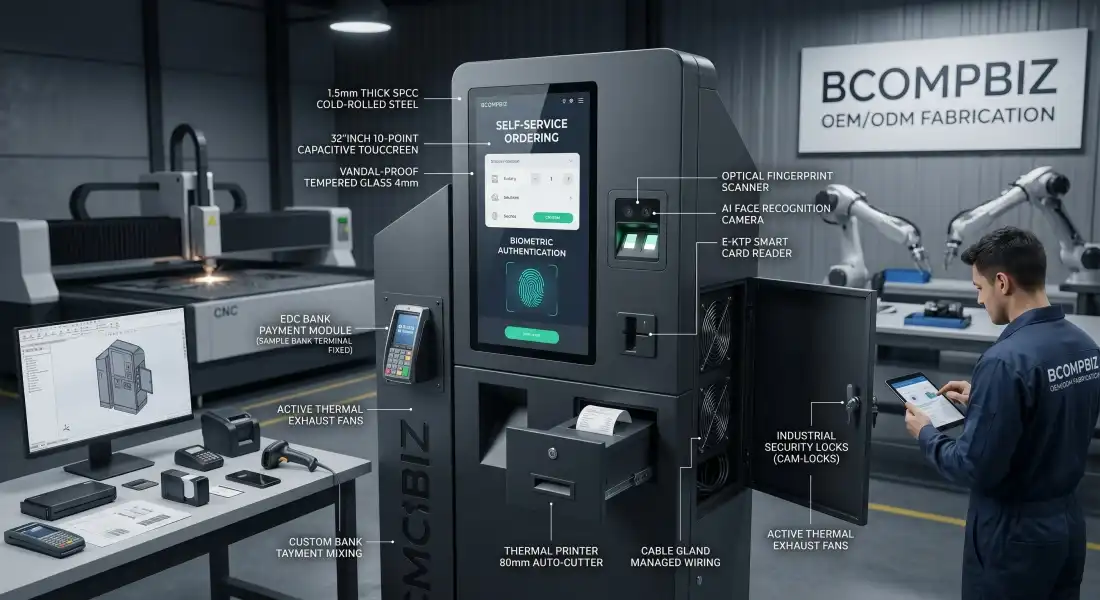 Layanan manufaktur pabrikasi mesin kiosk custom industrial berbahan baja spcc menggunakan cnc laser cut dan powder coating oleh bcompbiz