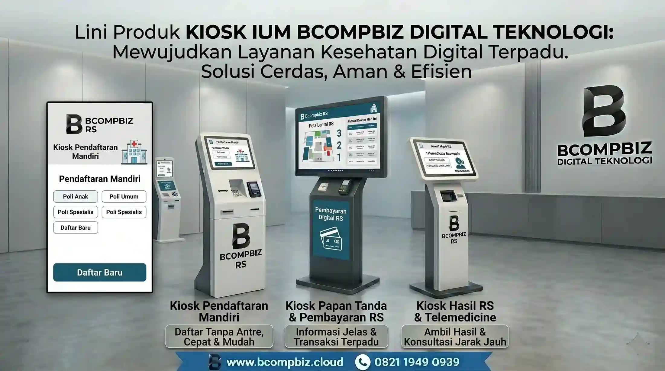 Mesin Kiosk Pendaftaran Mandiri Rumah Sakit RS terintegrasi Fingerprint BPJS dan E-KTP buatan Bcompbiz