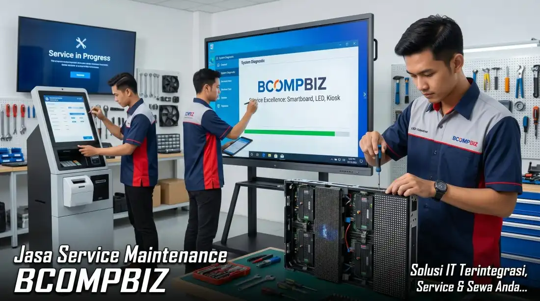 Layanan purna jual BCOMPBIZ jasa service perbaikan videotron mesin antrian maintenance berkala dan penyewaan rental smartboard untuk event