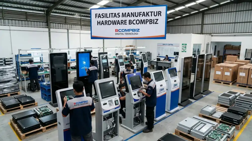 Fasilitas Pabrik Manufaktur Hardware dan Fabrikasi Perakitan Kiosk Baja SPCC oleh teknisi Bcompbiz Digital Teknologi