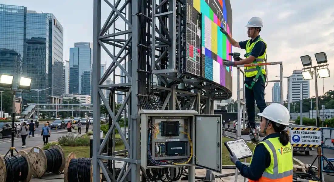 Panduan tahap membangun videotron raksasa mencakup konstruksi baja pondasi sipil dan instalasi kelistrikan MDP dari Bcompbiz