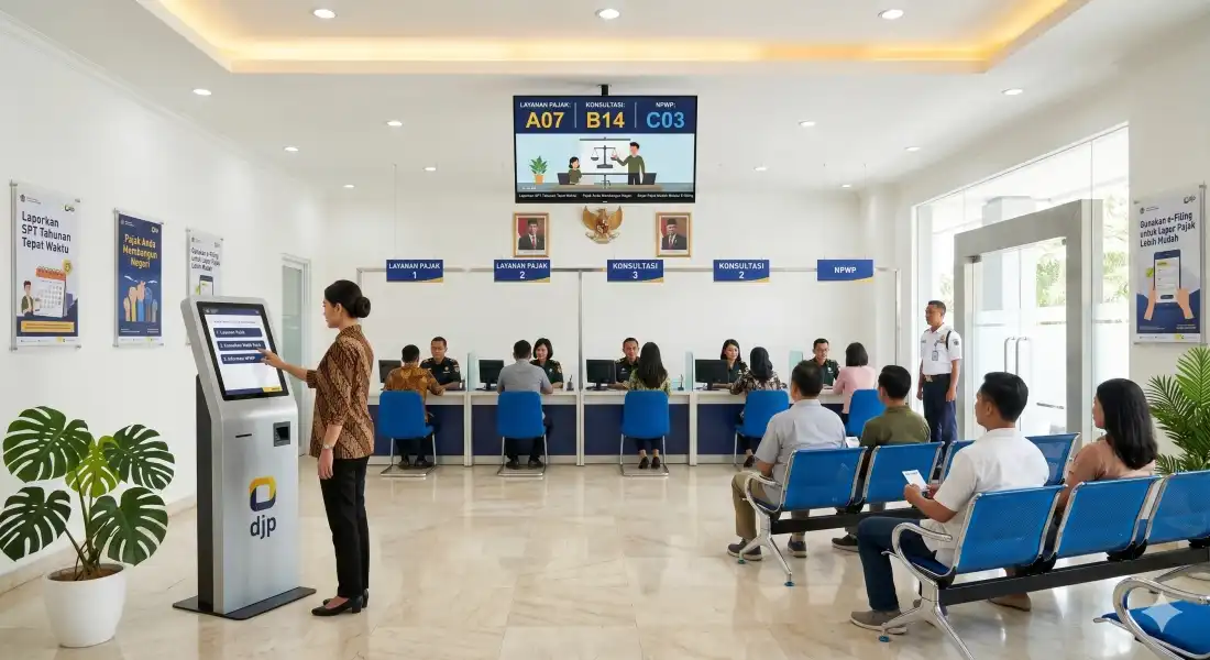 Sistem mesin antrian digital terpadu Bcompbiz dengan kiosk layar sentuh baja SPCC dan TV multimedia signage untuk lobi rumah sakit dan bank