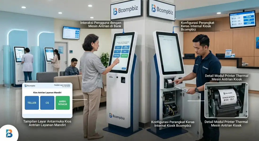 Kiosk mesin antrian digital layar sentuh dengan sasis baja SPCC dan printer thermal 80mm untuk rumah sakit dan bank dari Bcompbiz