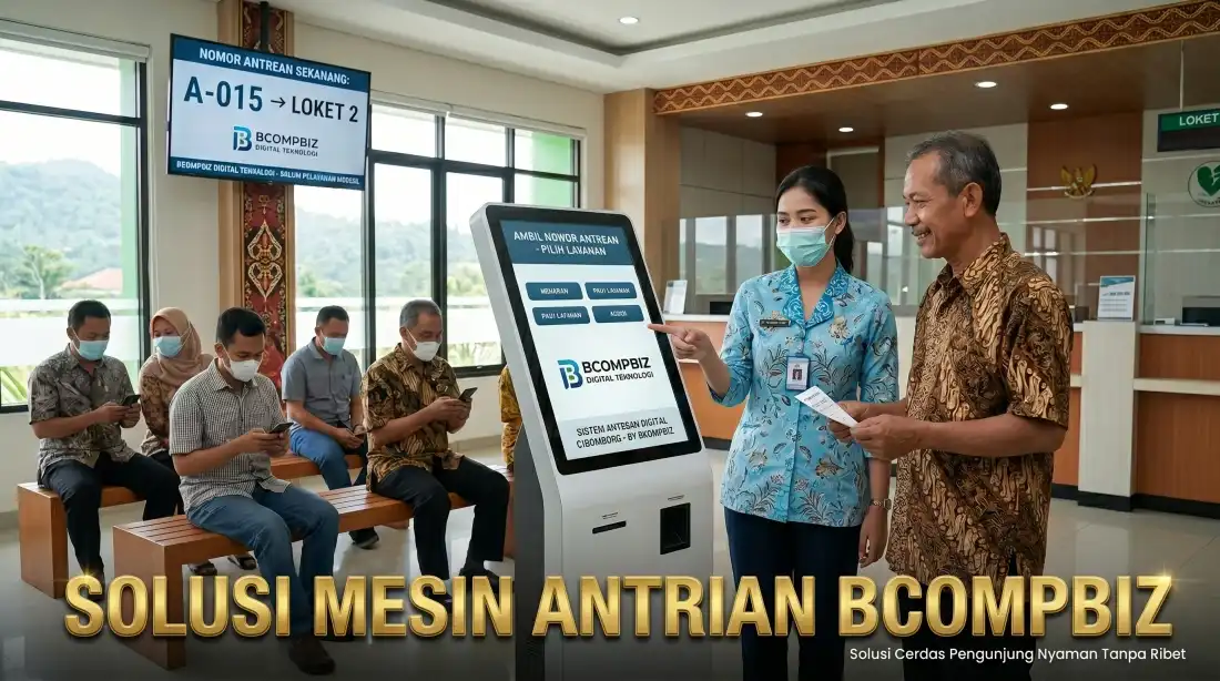 Layanan pengadaan mesin antrian kiosk digital layar sentuh bahan metal SPCC untuk fasilitas kesehatan dan perbankan dari BCOMPBIZ