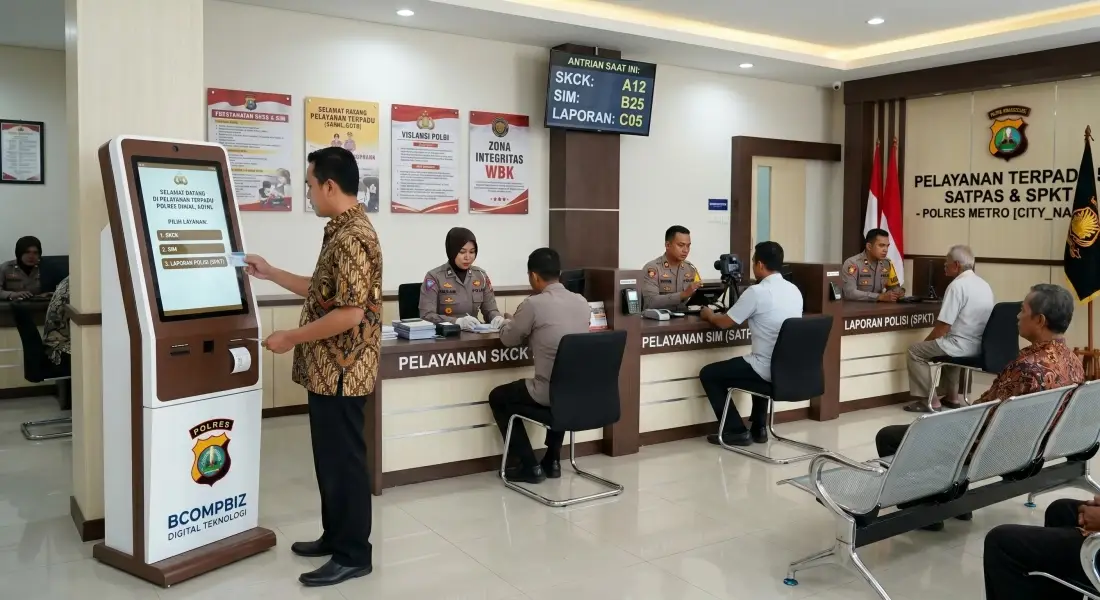 Instalasi mesin antrian digital kiosk layar sentuh SPCC untuk pelayanan polri presisi di satpas SIM dan SPKT polres oleh Bcompbiz