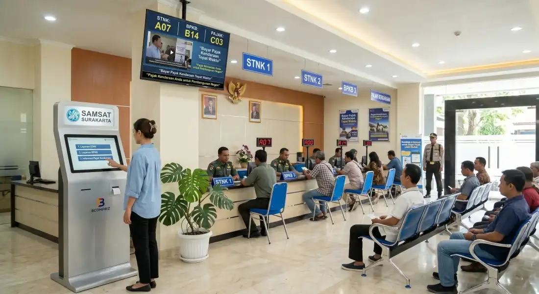 Pemasangan mesin antrian digital kiosk heavy duty SPCC untuk pajak kendaraan di Samsat melibatkan bapenda polri dan jasa raharja dari Bcompbiz