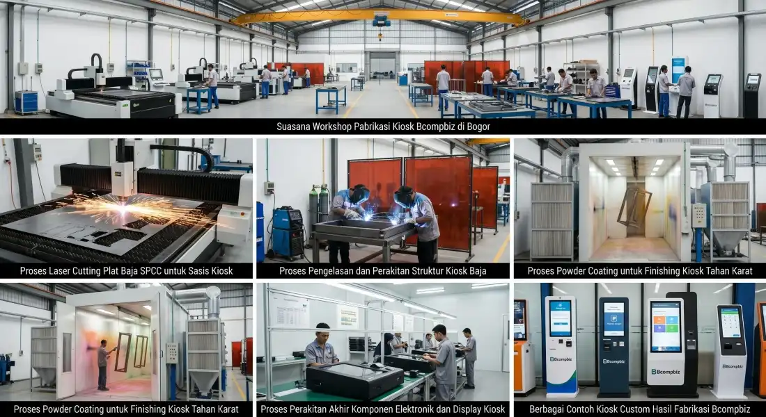 Layanan jasa pabrikasi kiosk custom mesin antrian self service berbahan baja spcc dari BCOMPBIZ Digital Teknologi