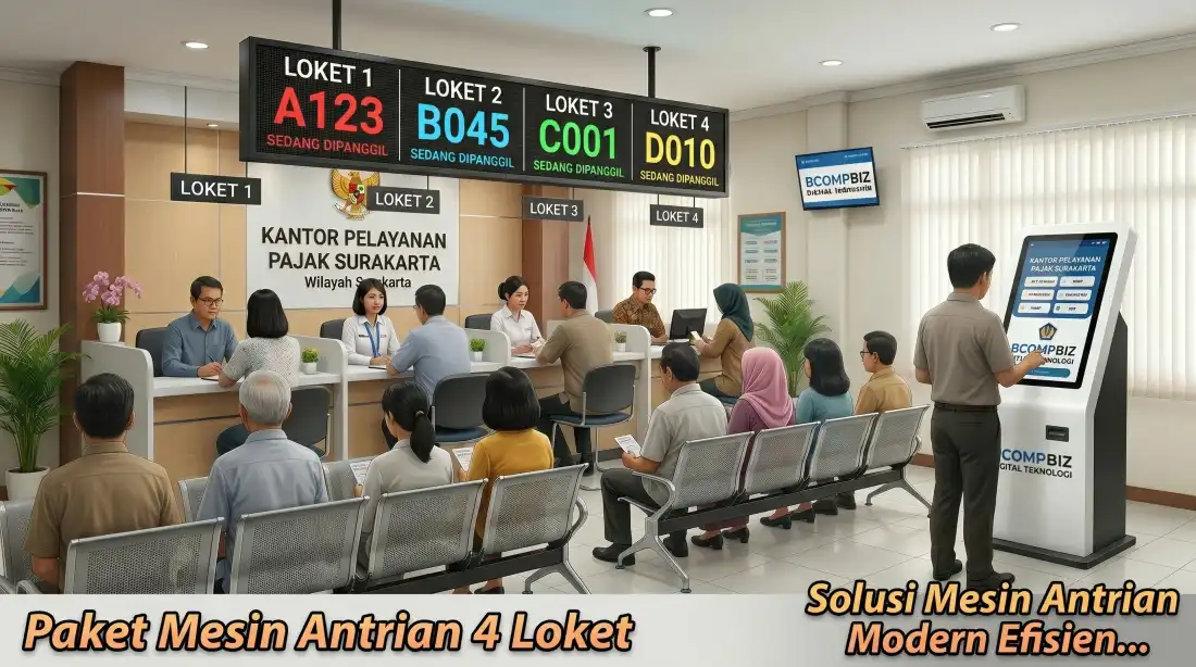Jual paket mesin antrian 4 loket digital dengan fitur lengkap untuk instansi pemerintah dan fasilitas kesehatan oleh BCOMPBIZ