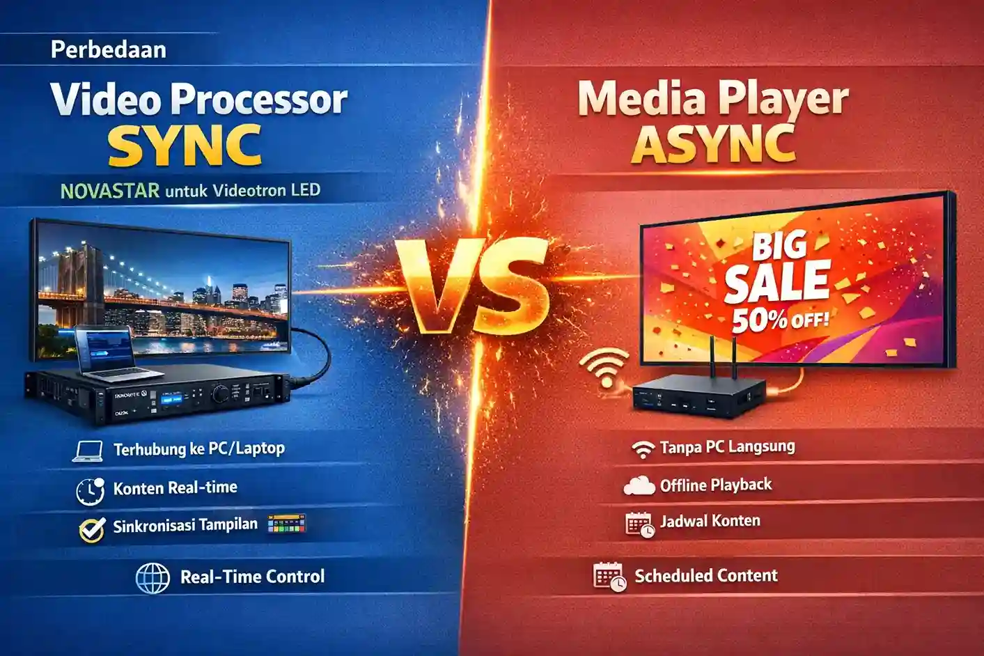 Perbedaan sistem kontrol video processor dan media player videotron LED original garansi oleh BCOMPBIZ Digital Teknologi