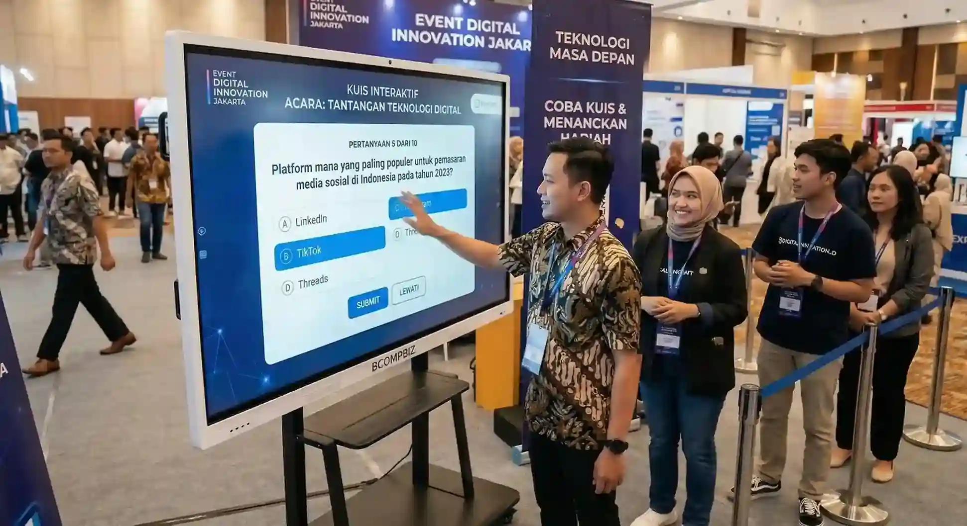 Layanan sewa dan rental unit smartboard layar sentuh interaktif 4K dengan mobile stand untuk kebutuhan presentasi rapat VIP dan pameran dari Bcompbiz