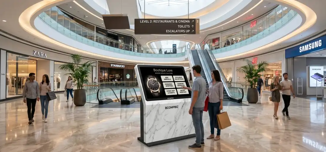 Layar Digital Signage Indoor kelas komersial 24/7 dari Bcompbiz untuk promosi digital di lobi dan area ritel