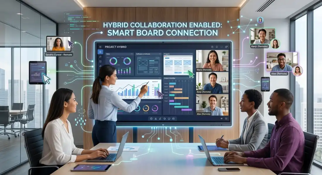 Layar Smartboard interaktif 4K dilengkapi kamera AI dan mic array untuk sistem rapat hibrida dan video conference Bcompbiz