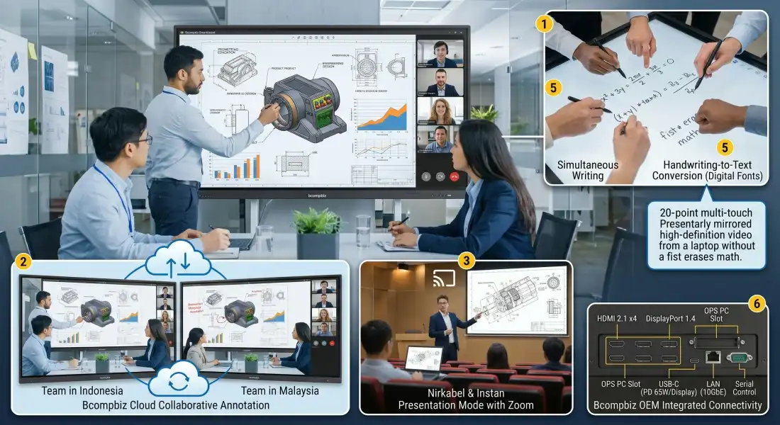 Layar sentuh smartboard modern IFPD resolusi 4K dengan dual OS windows dan android untuk ruang rapat kantor menggantikan proyektor lama