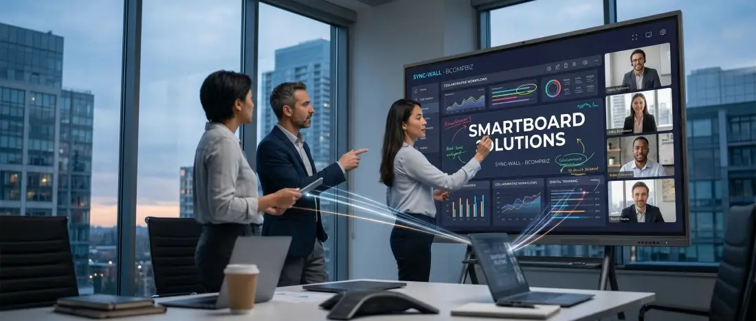 Pusat display smartboard interaktif IFPD 4K All-in-one untuk ruang meeting direksi korporat dan sekolah digital dari Bcompbiz