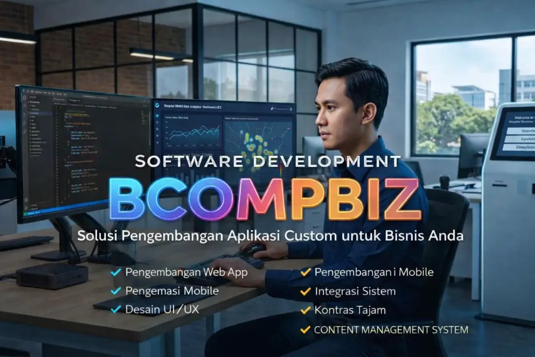 Layanan pembuatan software custom dan bridging API oleh developer BCOMPBIZ untuk aplikasi kiosk web dashboard dan integrasi SIMRS rumah sakit