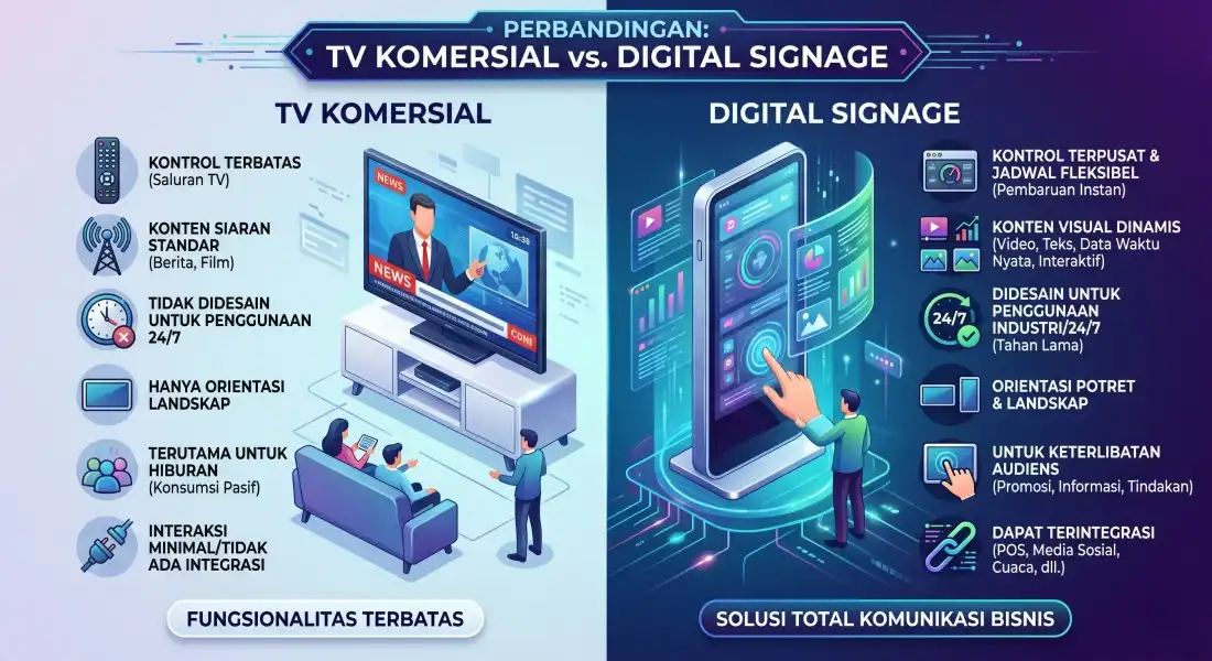 Perbandingan TV komersial dan digital signage display interaktif untuk kebutuhan promosi dari BCOMPBIZ Digital Teknologi