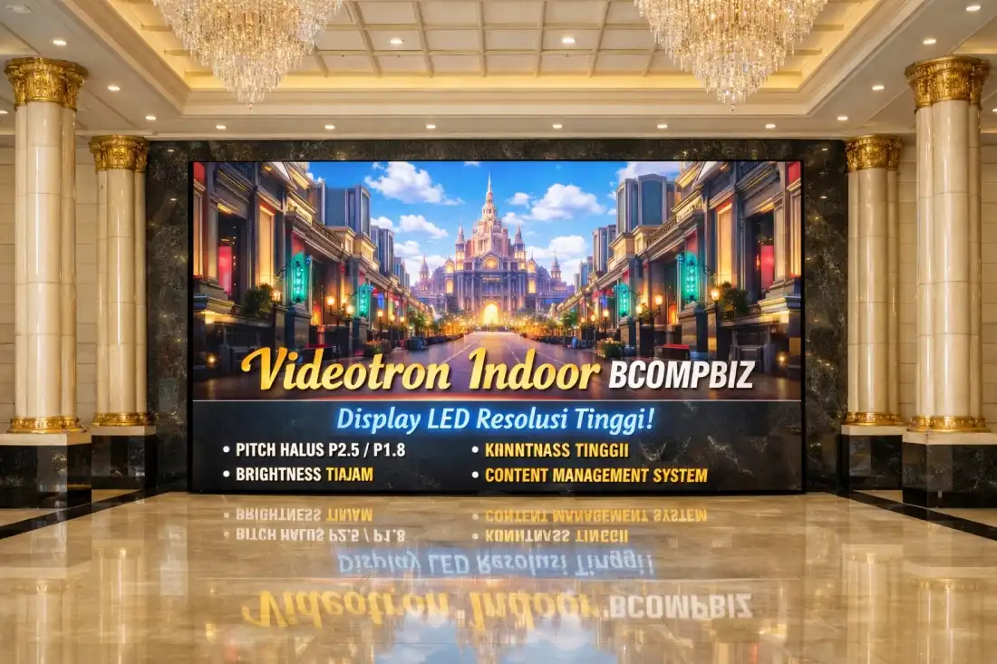 Layanan pengadaan dan instalasi layar LED Videotron Indoor BCOMPBIZ resolusi 4K untuk auditorium ruang rapat dan studio TV