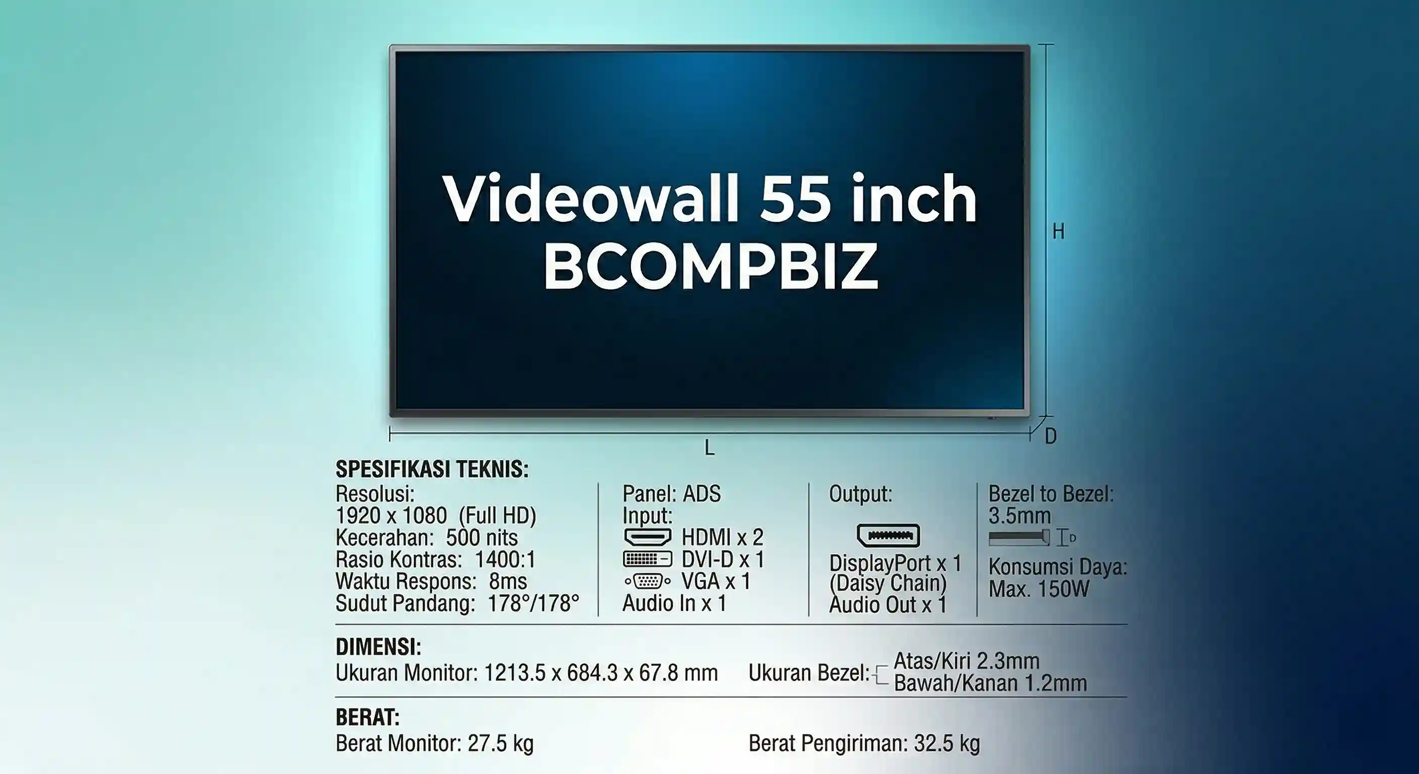 Distributor jual videowall 55 inch bezel 0.88mm ultra narrow untuk ruang meeting dan command center dari BCOMPBIZ Digital Teknologi