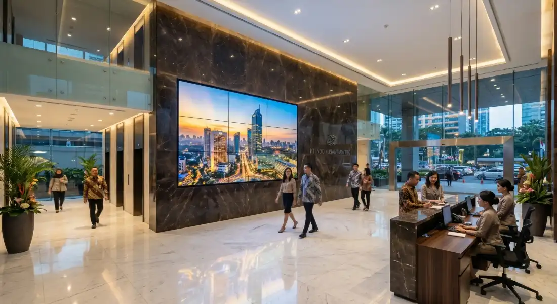 Instalasi layar Videowall 4K gabungan TV komersial bezel tipis untuk lobi korporat dan ruang rapat oleh teknisi Bcompbiz