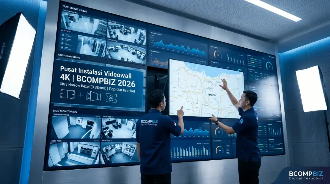 Pusat layanan pembuatan dan instalasi videowall LCD 4K Ultra Narrow Bezel untuk lobi dan Command Center oleh Bcompbiz Digital Teknologi